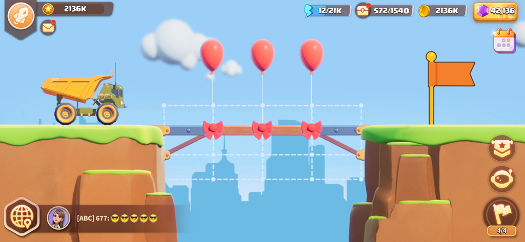 A yellow dump truck waiting to cross a physics based bridge supported by balloons in Build Master Bridge Race