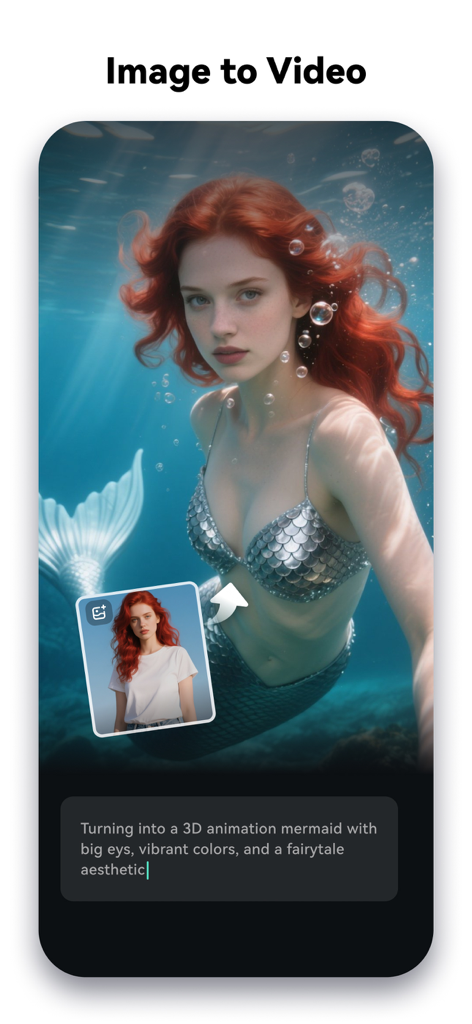 Interface de l'éditeur vidéo Filmora IA montrant une transformation d'image en vidéo d'une femme en une animation de sirène 3D