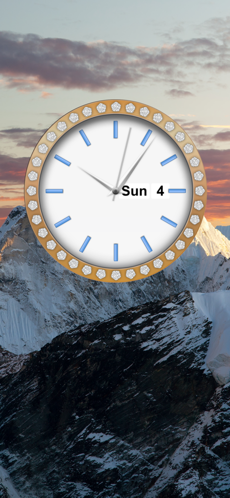 Cloki – Clock Widget - A personalized analog clock widget with a diamond-studded gold rim and mountain landscape background.
