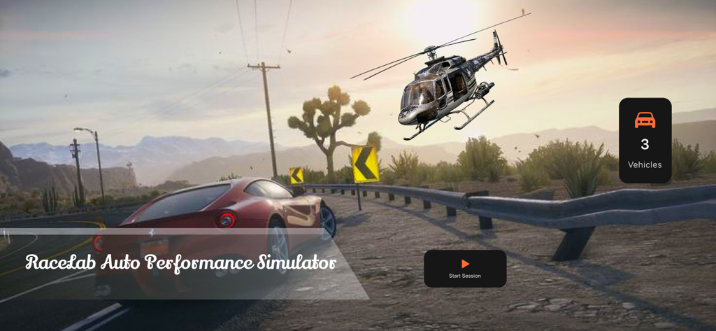 RaceLab Auto Performance Simu - RaceLab Auto Performance Simu home screen featuring a red sports car on a winding road and a helicopter in a desert setting.