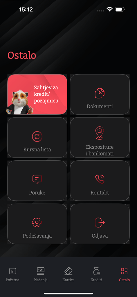 Addiko Mobile Crna Gora - Addiko Mobile Crna Gora app more menu screen showing features like loans exchange rates and branch locator