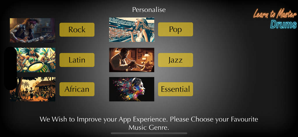 Learn Drums - Drum Kit Beats - Screen for choosing a music genre in the Learn Drums app with options for Rock, Pop, Latin, Jazz, African, and Essential.