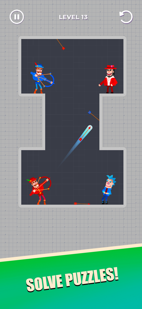 Drawmaster - Drawmaster의 게임 플레이 스크린샷으로, 궁수들이 물리 퍼즐을 풀기 위해 화살을 쏘는 것을 보여줍니다