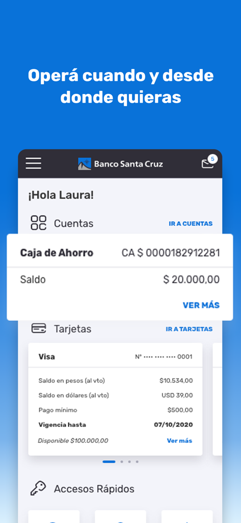 APP Banco Santa Cruz - Panel de la aplicación móvil de Banco Santa Cruz mostrando saldos de cuentas e información de tarjetas de crédito en español