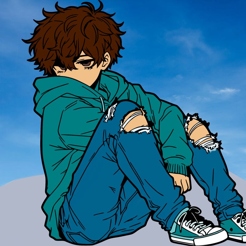 a male hoddie ripped jeans messy hair anime