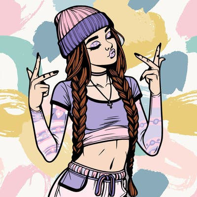 realistic teenage girl with braids and a beanie and crop top doing 🫶🏼