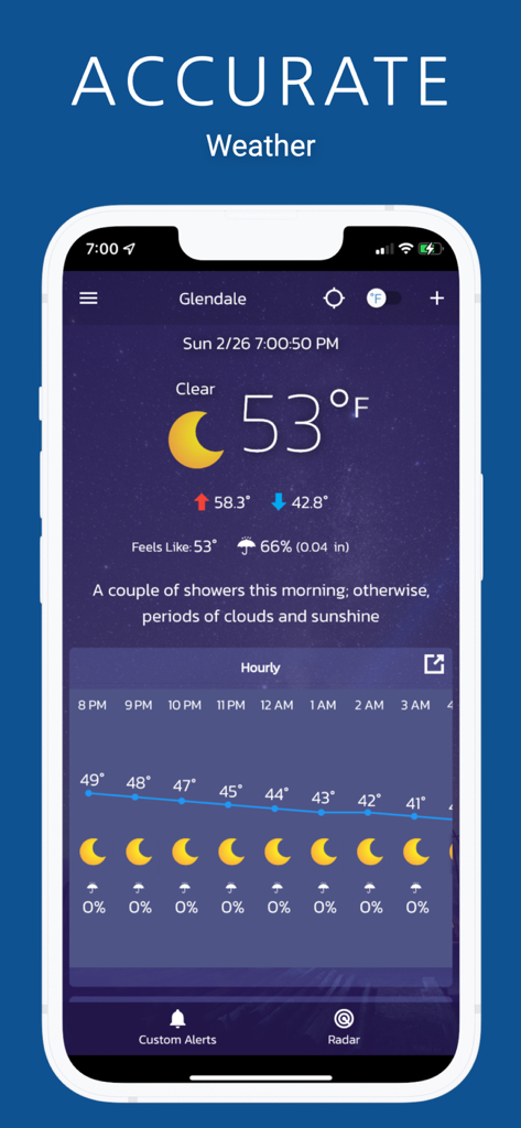 Weather Alerts Ultimate - Weather Alerts Ultimate app displaying accurate hourly temperature forecast for Glendale