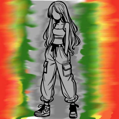 girl in baggy pants crop top and long hair