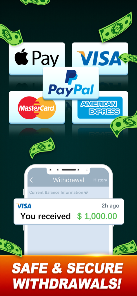 Dominoes Cash: Win Real Money - Dominoes Cash app screen displaying secure withdrawal methods including PayPal and Apple Pay with a one thousand dollar cash prize notification.