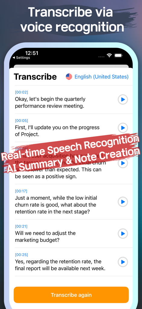 EZRecorder: One-Tap Recording - Interfaz de EZRecorder que muestra la transcripción de voz a texto en tiempo real para notas de reuniones.