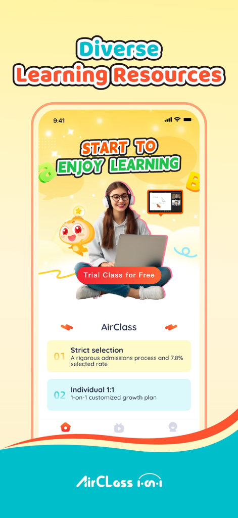 AirClass Online 1-on-1 - AirClass Online 1 on 1 learning app interface highlighting personalized tutoring and learning resources