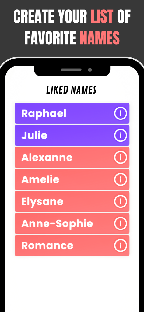 Babyname - Find Baby Name - Smartphone screen showing a list of saved favorite baby names in the Babyname app interface