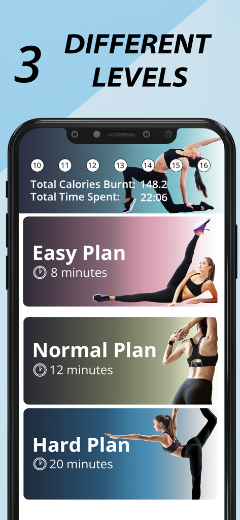 Stretching & Flexibility - Smartphone screen showing three stretching difficulty levels Easy Normal and Hard with their respective workout durations