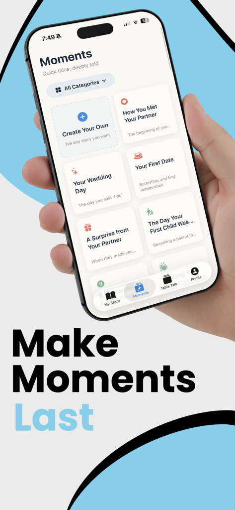 OverBiscuits - Smartphone mostrando la sección Momentos de la aplicación OverBiscuits con varias categorías de narración
