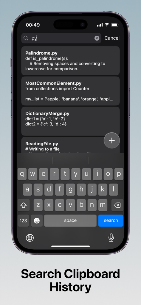 Oberfläche der Clipbox-App, die die Funktion zum Durchsuchen des Zwischenablageverlaufs mit verschiedenen gespeicherten Python-Code-Snippets auf einem iPhone zeigt.