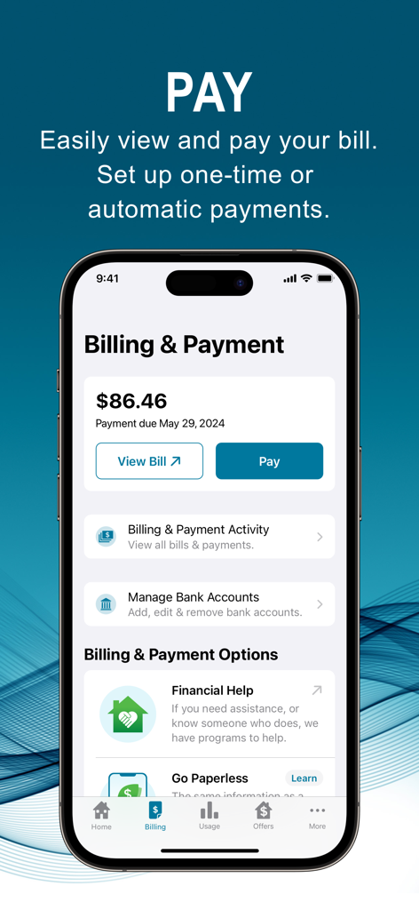 Interface of the Duke Energy app showing the billing and payment section with bill amount and pay button