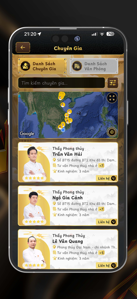 Xhero - Xheroアプリ画面。評価と場所のマップビューを備えたプロの風水コンサルタントのリストが表示されています