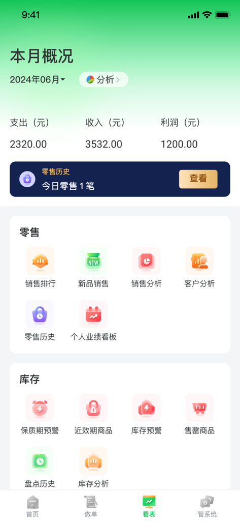 qfbjyun mobile assistant - Monthly overview dashboard of the pharmacy assistant app showing sales metrics and inventory management icons