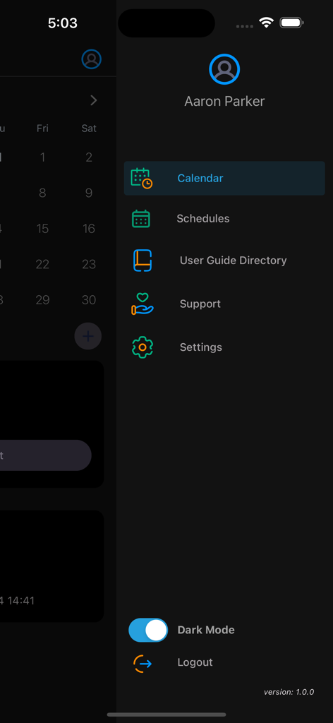 The navigation menu of the StaffReady mobile app in dark mode showing options for Calendar Schedules and Settings