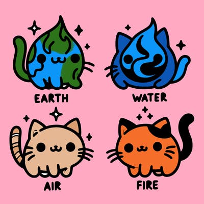 4 cats that represent the different elements, earth, water, air, and fire