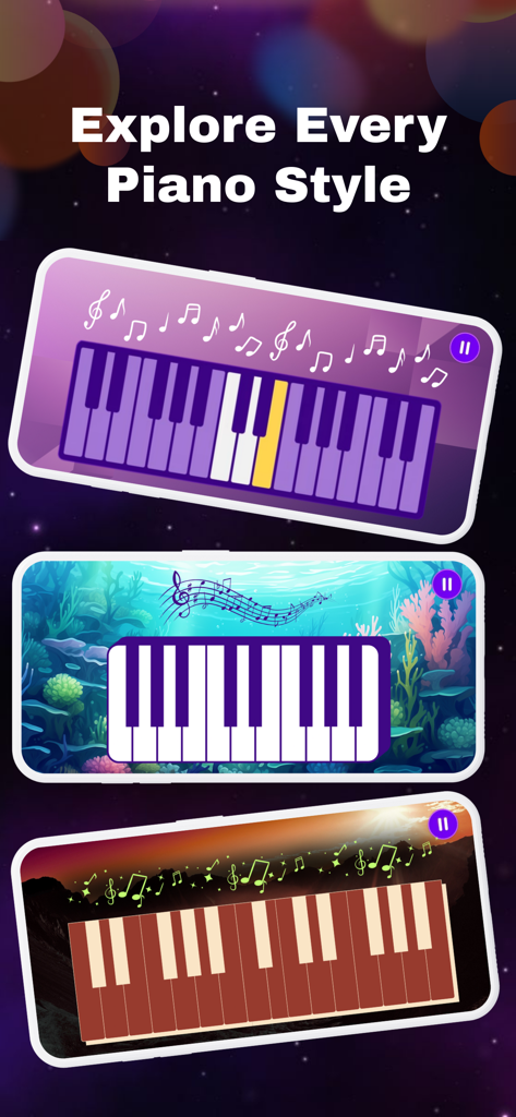 Magic Melody+ - Three different themed piano keyboard interfaces from the Magic Melody music app showing galaxy underwater and sunset designs