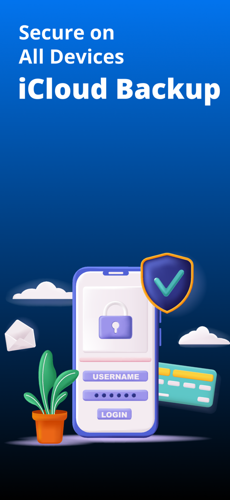 Interface do aplicativo Authenticator exibindo o recurso seguro de backup do iCloud e segurança de múltiplos dispositivos.