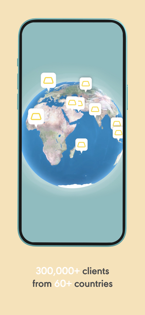 Un smartphone affichant un globe avec des épingles indiquant plus de 300 000 clients dans 60 pays.