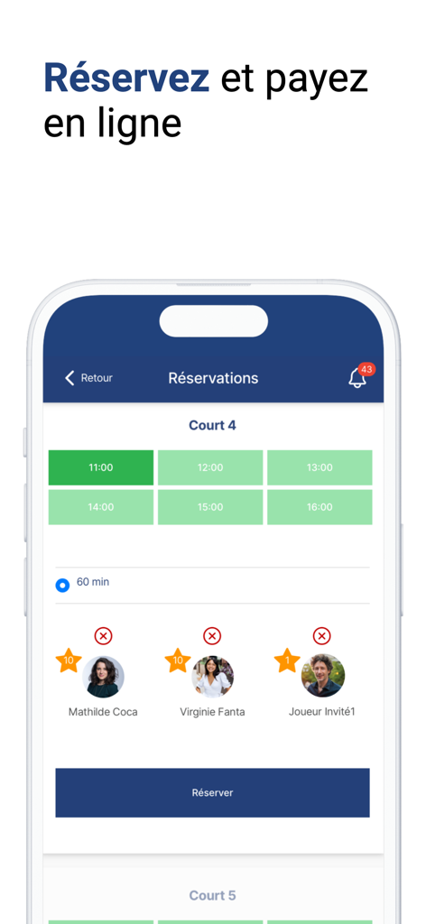 VTPC - Interface of the VTPC app showing sports court availability and booking options