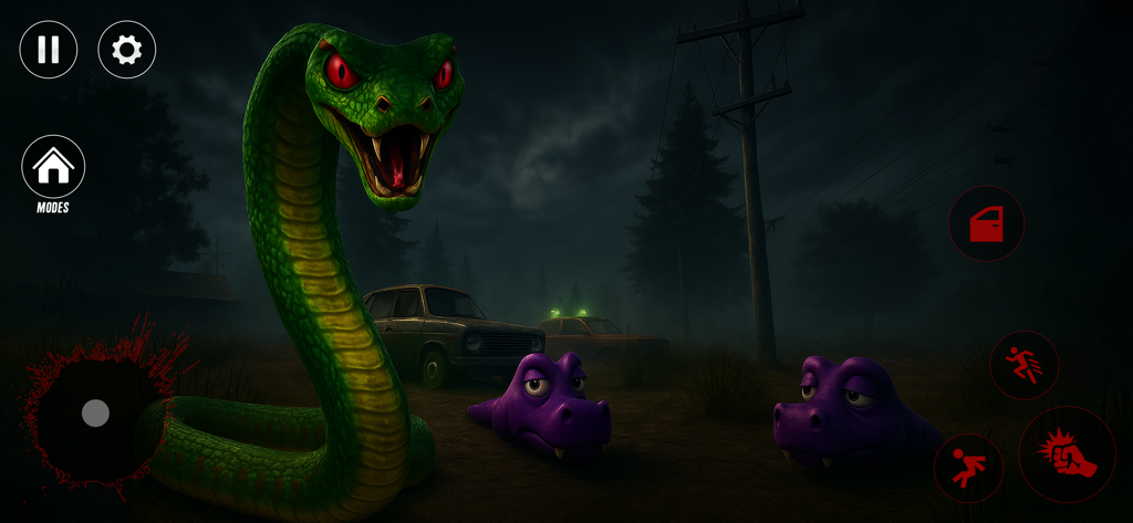 The Viper’s Whisper - Gameplay screenshot of The Viper's Whisper featuring a giant green snake with red eyes and small purple creatures in a dark foggy forest.