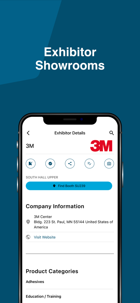 2026 AHR Expo - 2026 AHR Expo app displaying detailed information for exhibitor 3M including booth location and company profile