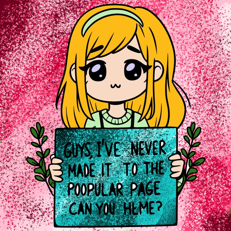 a girl holding up a sign that says, guys, i’ve never made it to the popular page, can you help me?