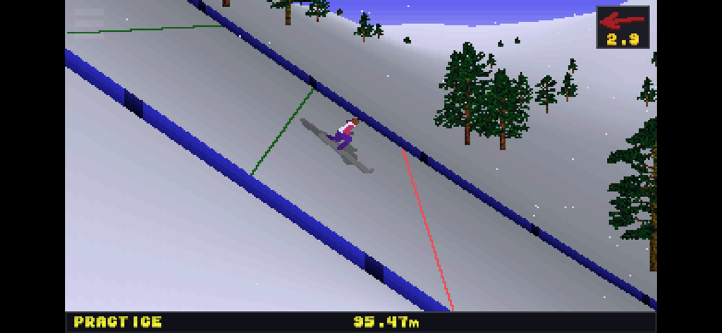 Un saltador de esquí pixelado en el aire durante el modo de práctica en Deluxe Ski Jump 2