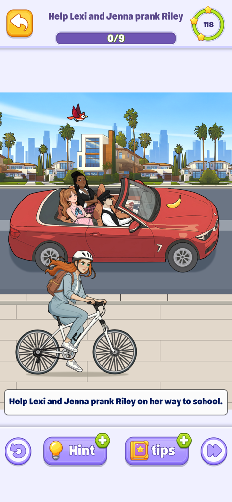 Tricky Story 2: Brain Twist - A puzzle level in Tricky Story 2 where players must prank a girl on a bicycle next to a red convertible car.