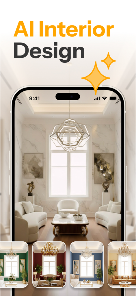 HomeMagic app interface showing AI-generated interior design variations for a luxury living room
