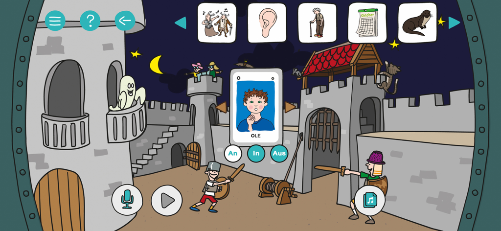 Artikulation - Una escena de castillo colorida en la aplicación Artikulation que muestra ejercicios interactivos de logopedia para niños.