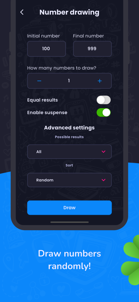 Random generator number - Interfaccia dell'app Magic Draw che mostra le impostazioni per un'estrazione di numeri casuali, inclusa la selezione dell'intervallo e la quantità.