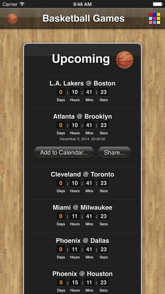 Basketball Games - 카운트다운 타이머와 캘린더에 추가 버튼이 있는 NBA 경기 일정