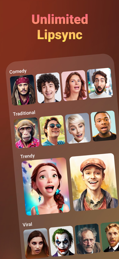 Face Dance,AI Face Swap :Lipix - Lipix app screen displaying unlimited lipsync templates for various characters and styles