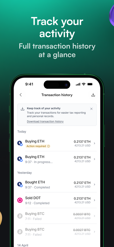 Ramp Network app interface showing a list of recent cryptocurrency transaction activity and history