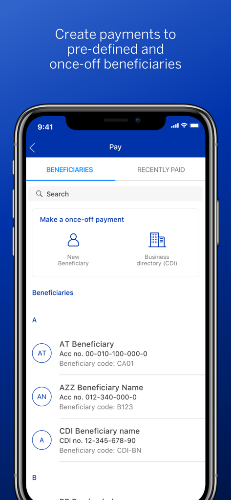 Capture d'écran de l'application Business Online SA montrant la liste des bénéficiaires et l'interface des options de paiement