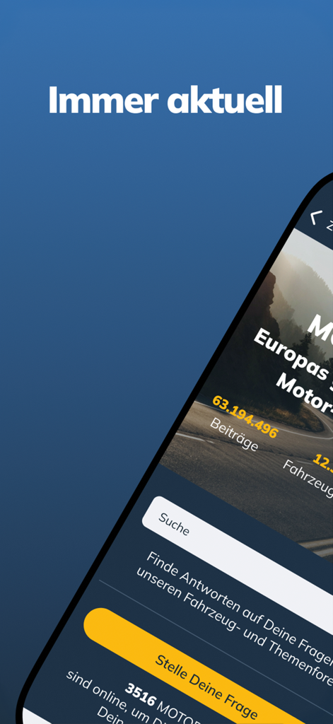 Mobile screenshot of the Motor Talk car community app showing forum statistics and search bar