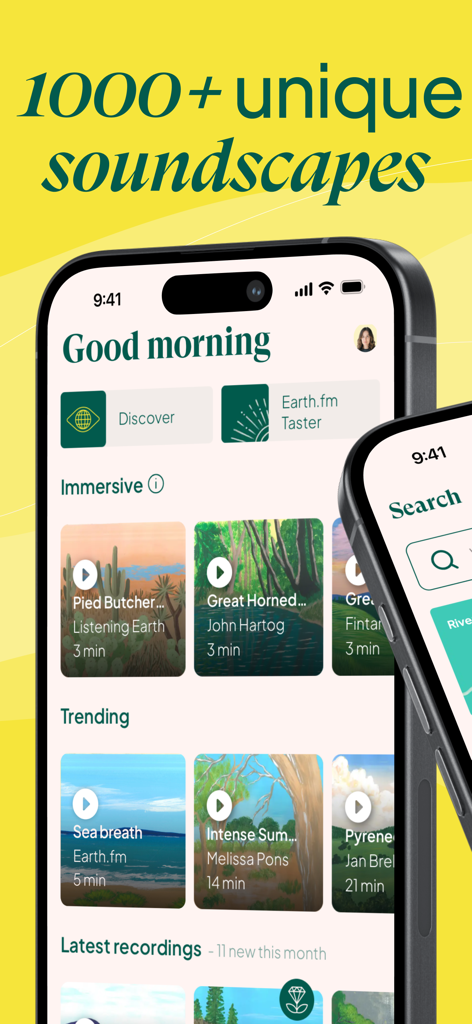 Nature Sounds : Earth FM - Interfaz de la aplicación Nature Sounds Earth FM que muestra varios paisajes sonoros de la naturaleza en alta definición como la respiración del mar y sonidos del bosque