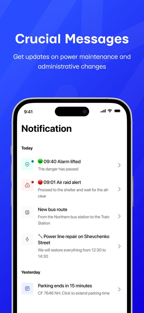 MISTO - MISTO app notification screen showing urban alerts for safety and infrastructure