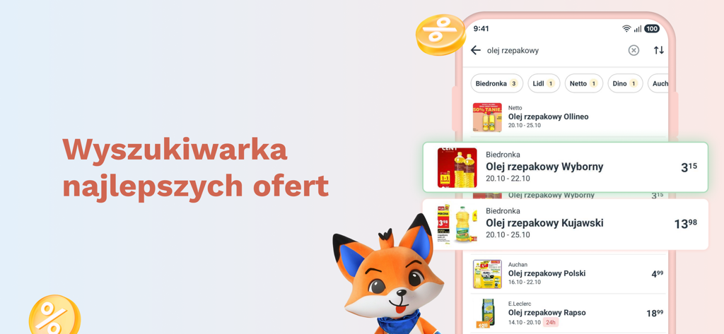 Gazetkowo - gazetki sklepowe - Gazetkowo app interface displaying a price comparison search for grocery items in Poland.
