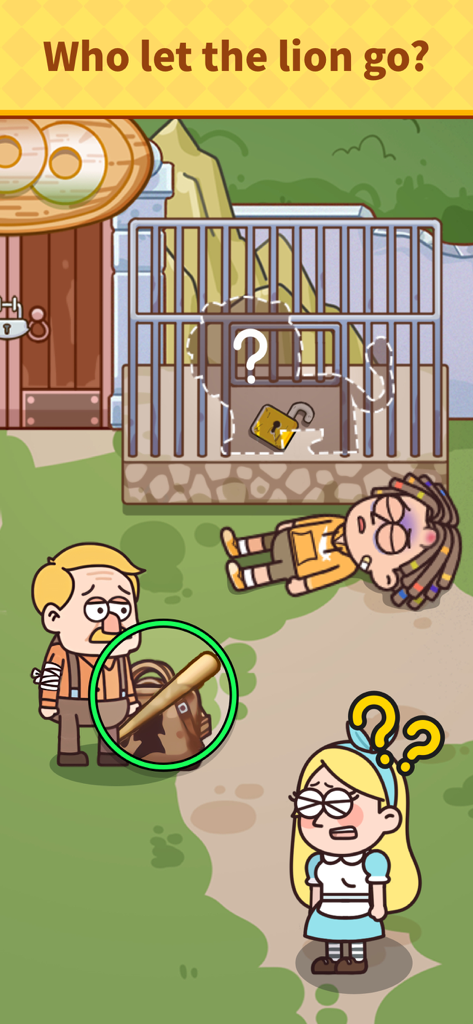Un acertijo de detective en Case Hunter preguntando quién liberó a un león de su jaula con varios sospechosos.