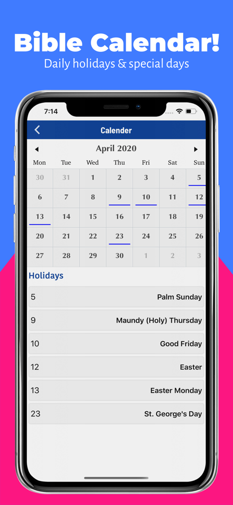 Red Letters King James Version - A screen from the Red Letters King James Version app showing a Christian calendar with religious holidays for April 2020.