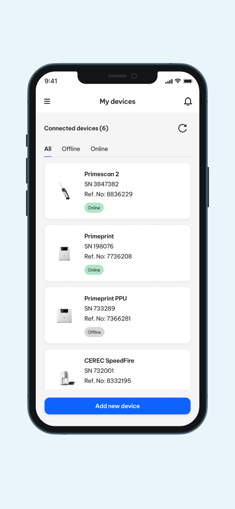 DS Core Link - Interface of the DS Core Link app showing a list of connected Dentsply Sirona dental equipment and their operational status