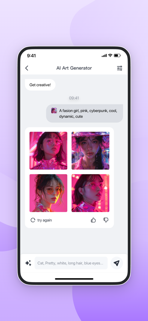 Interfaz de la aplicación Phomemo con un generador de arte de IA con retratos cyberpunk rosas