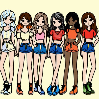 a group of girls wearing crop tops and shorts