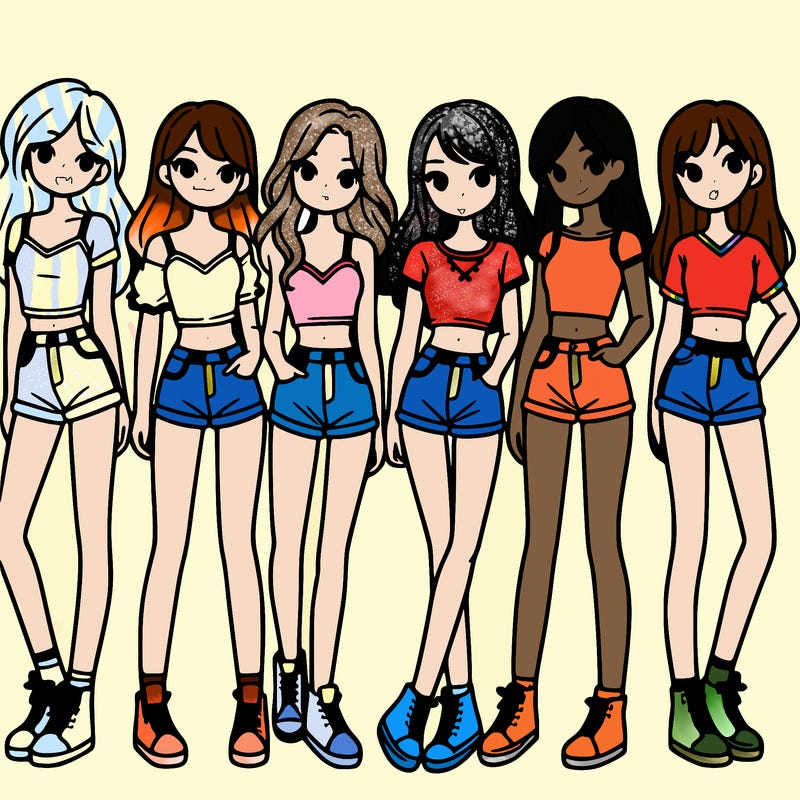 a group of girls wearing crop tops and shorts